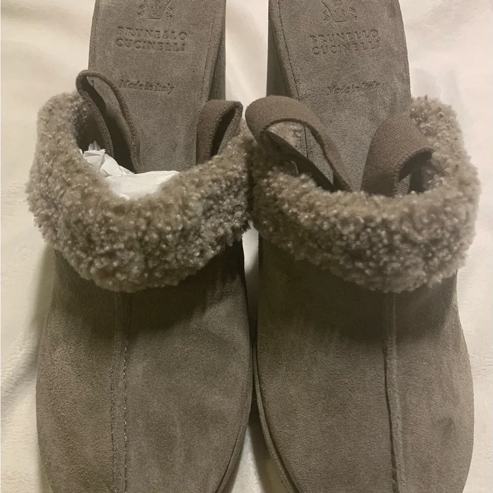 Brunello Cucinelli Suede Shearling Wedge Slingback Clogs Grey size EU 39 / US 9